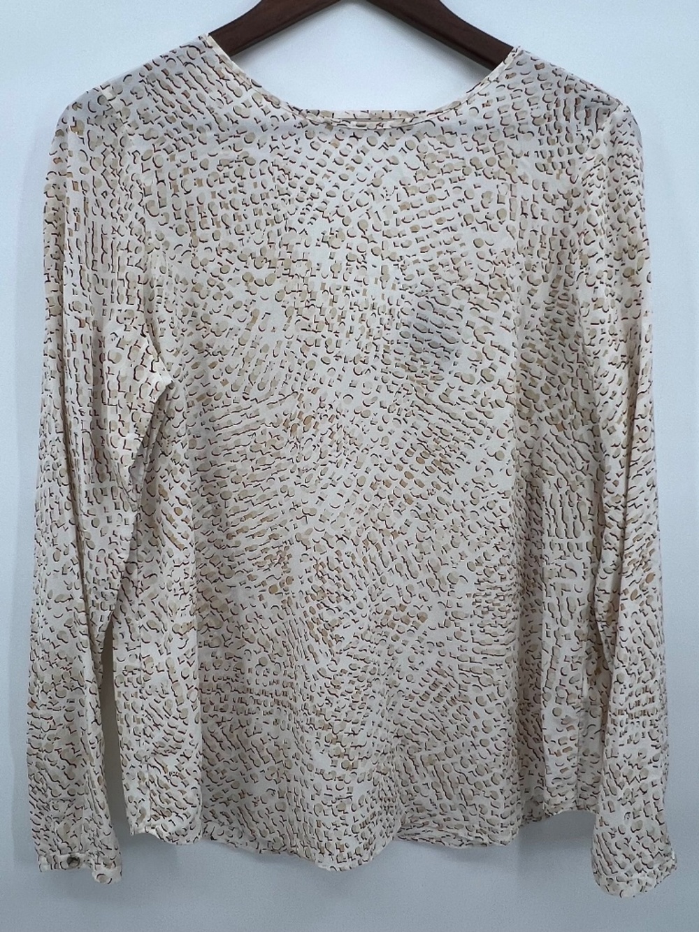 White House Black Market White & Tan 100% Silk Long Sleeve Blouse Women Size 12